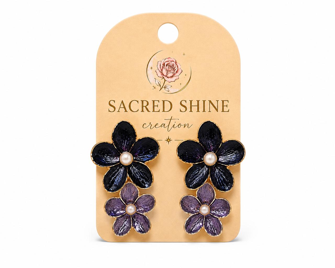 Black & Purple Double Floral Pearl Earrings