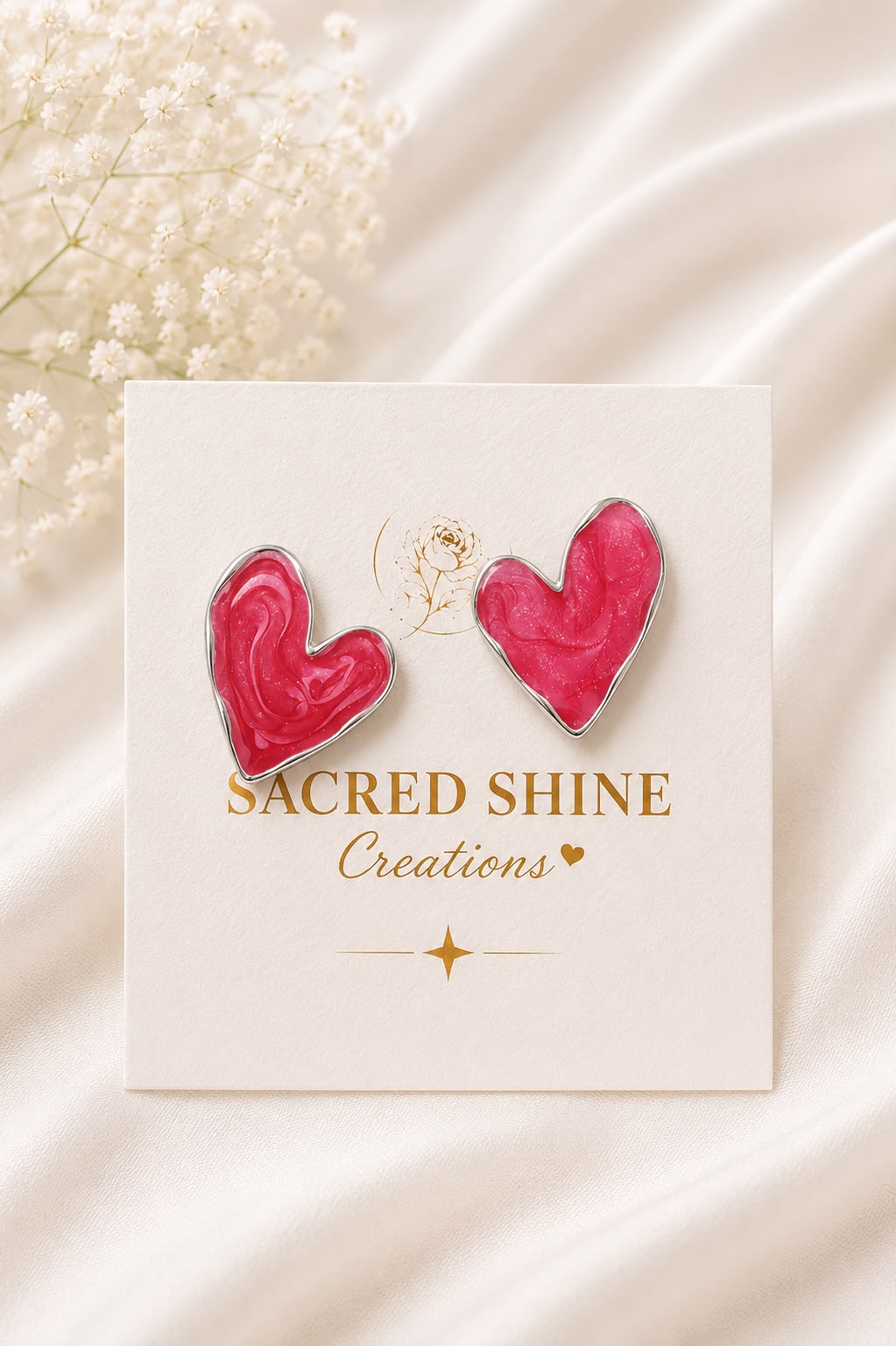 Coral Red Heart Korean Studs