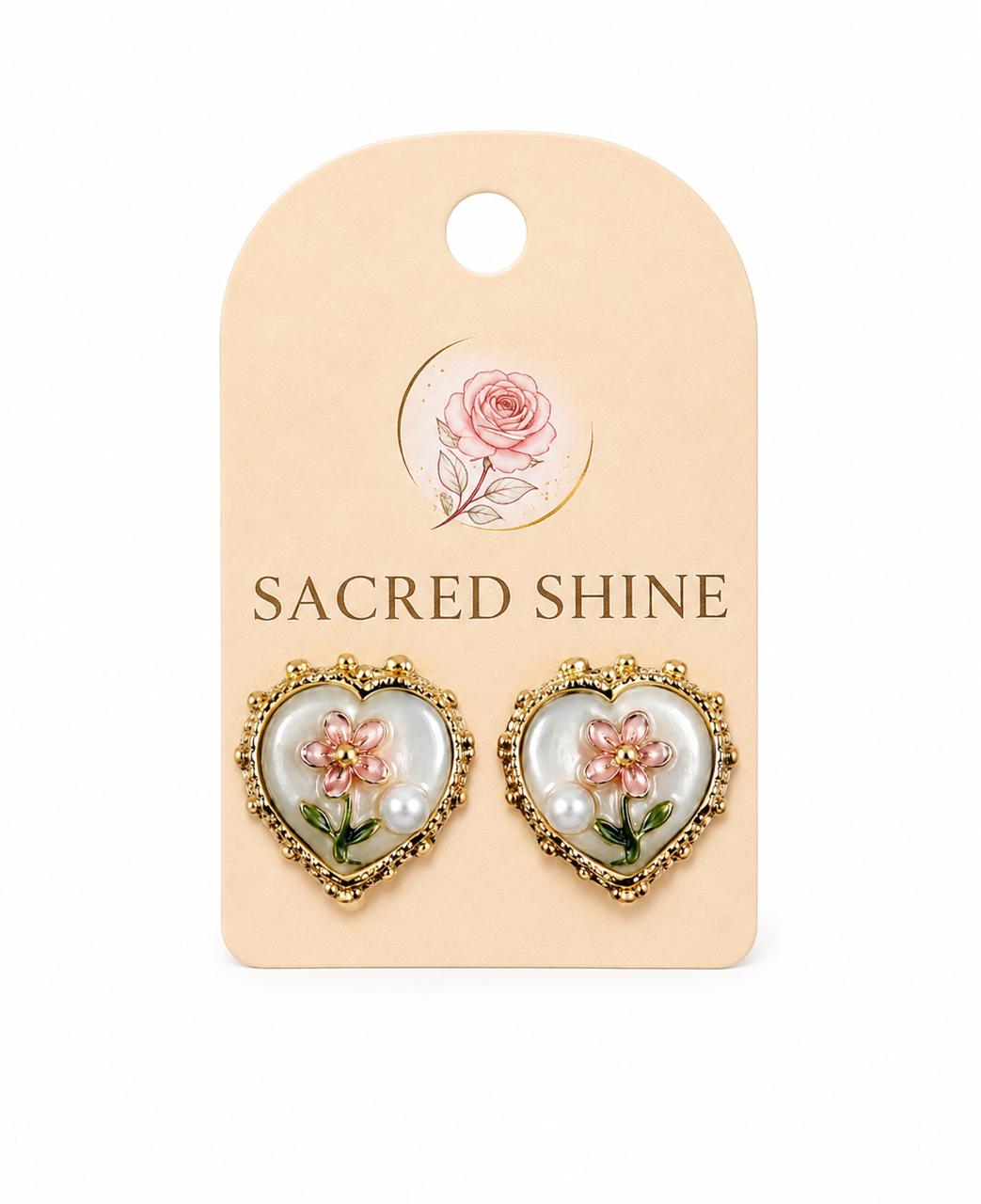 Heart Pearl Floral Stud Earrings