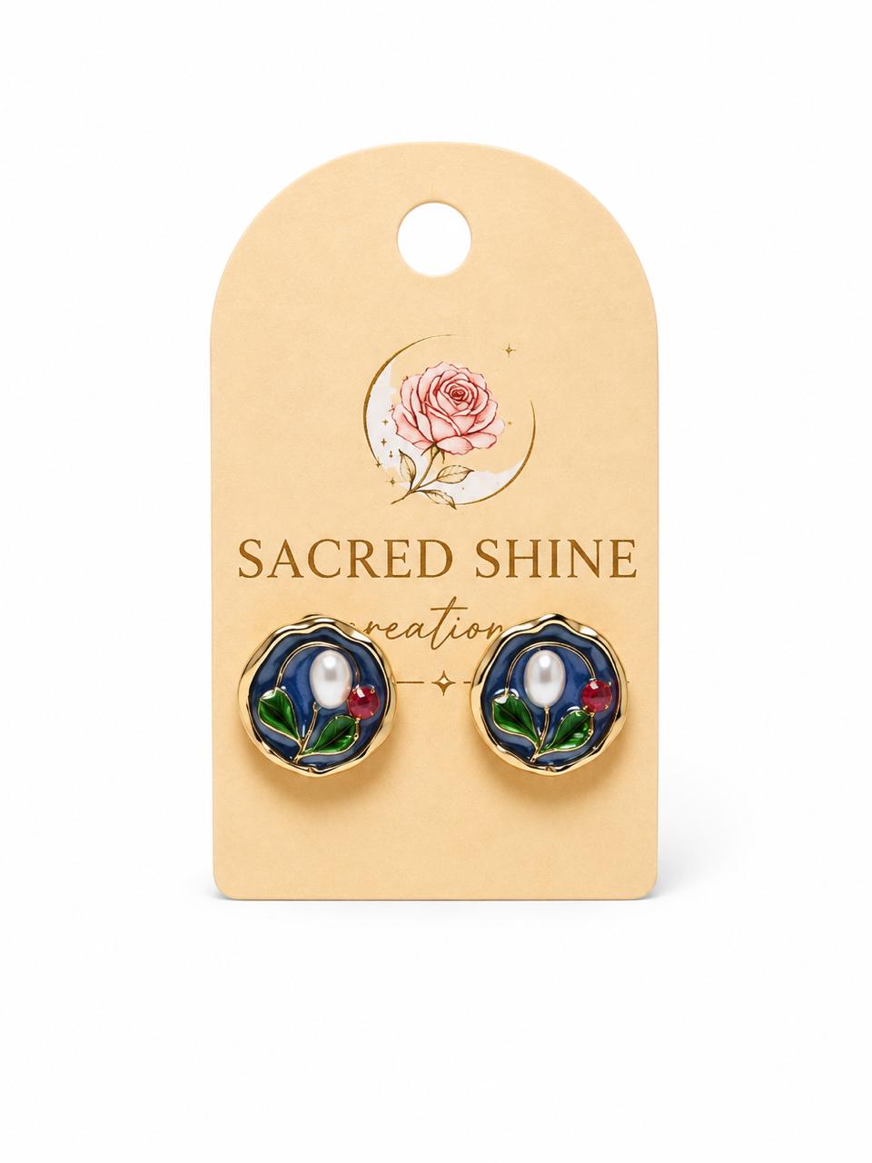Navy Blue Round Pearl Berry Stud Earrings