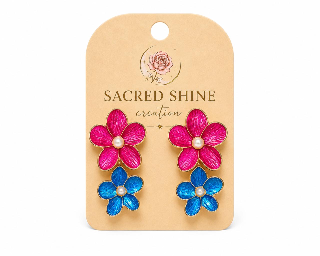 Hot Pink & Blue Double Floral Pearl Earrings
