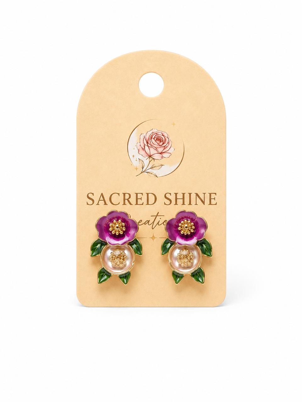 Purple & Pearl Double Flower Stud Earrings