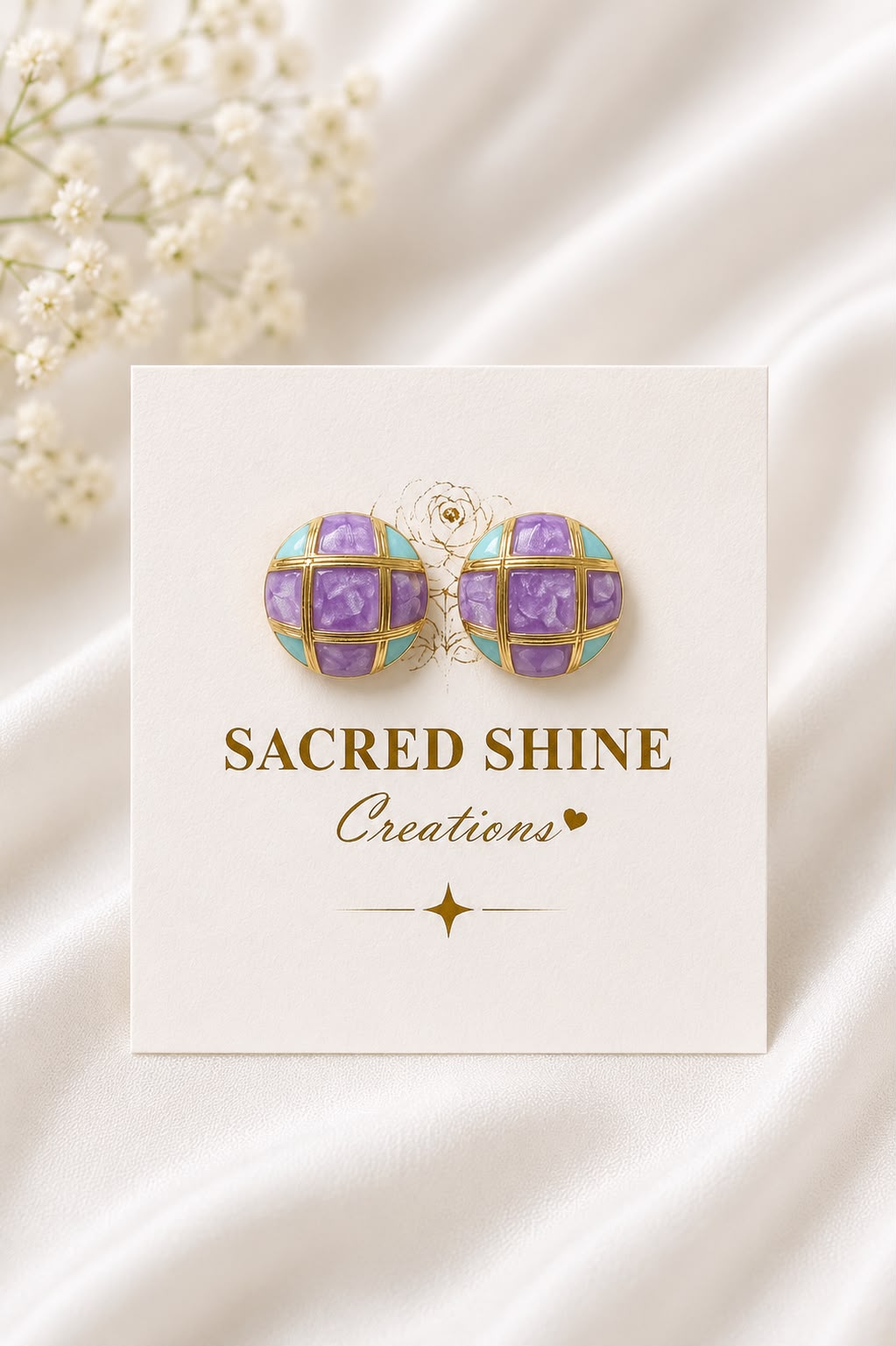 Purple Teal Grid Korean Studs