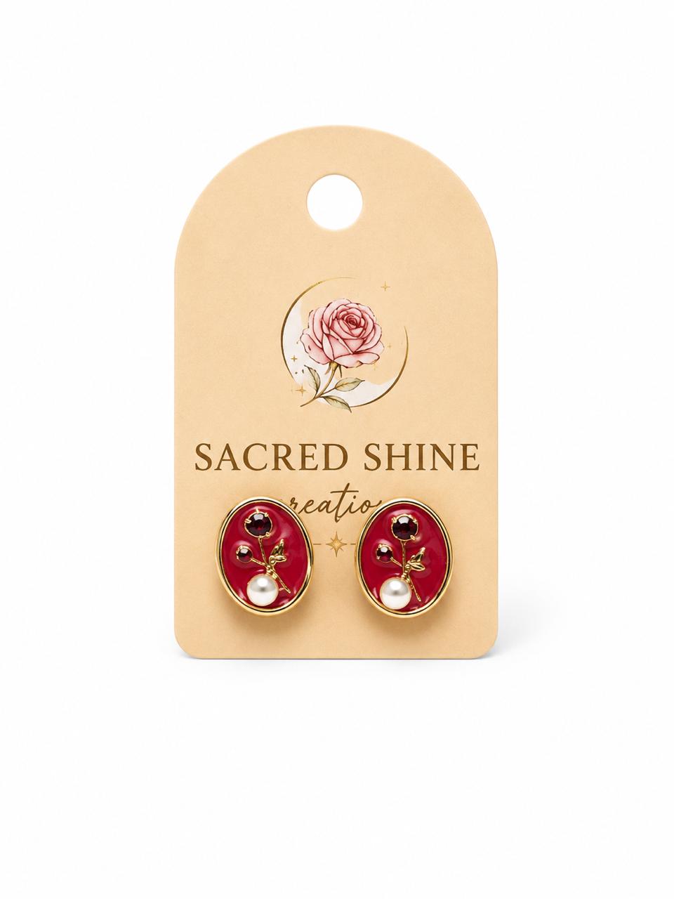 Red Oval Rose & Pearl Stud Earrings