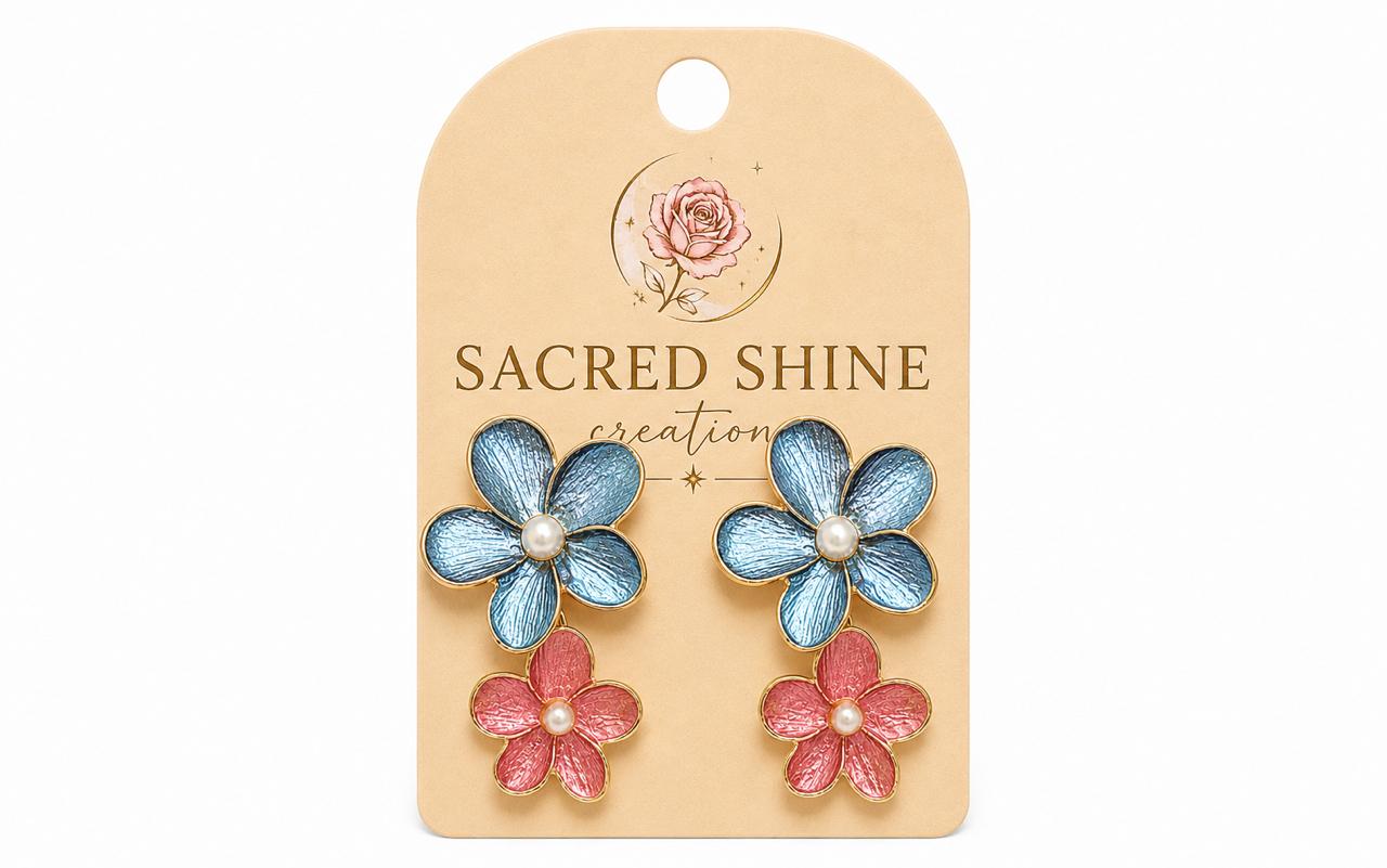 Sky Blue & Pink Double Floral Pearl Earrings