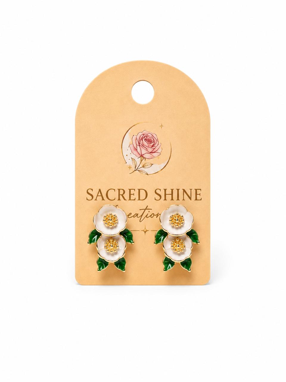 White Double Flower Stud Earrings