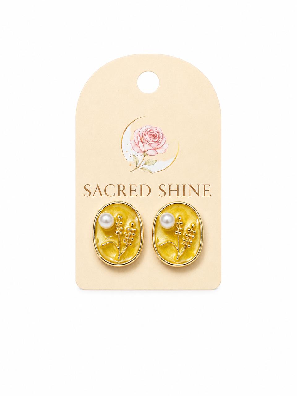 Yellow Oval Wildflower Pearl Stud Earrings